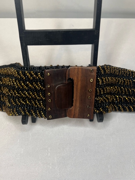 Bali Accessories - Vintage Boho Beaded Stretch Belt Bronze Brown Wood Buckle Wide Y2K Retro
